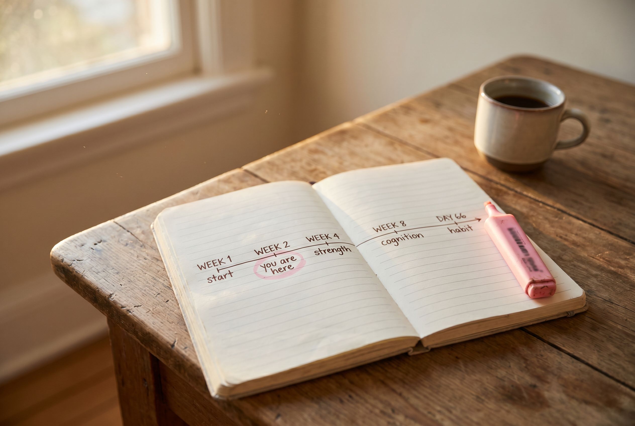 An open notebook on a wood desk with a hand-drawn timeline from Week 1 to Day 66 — 'Week 2 you are here' circled in soft pink highlighter