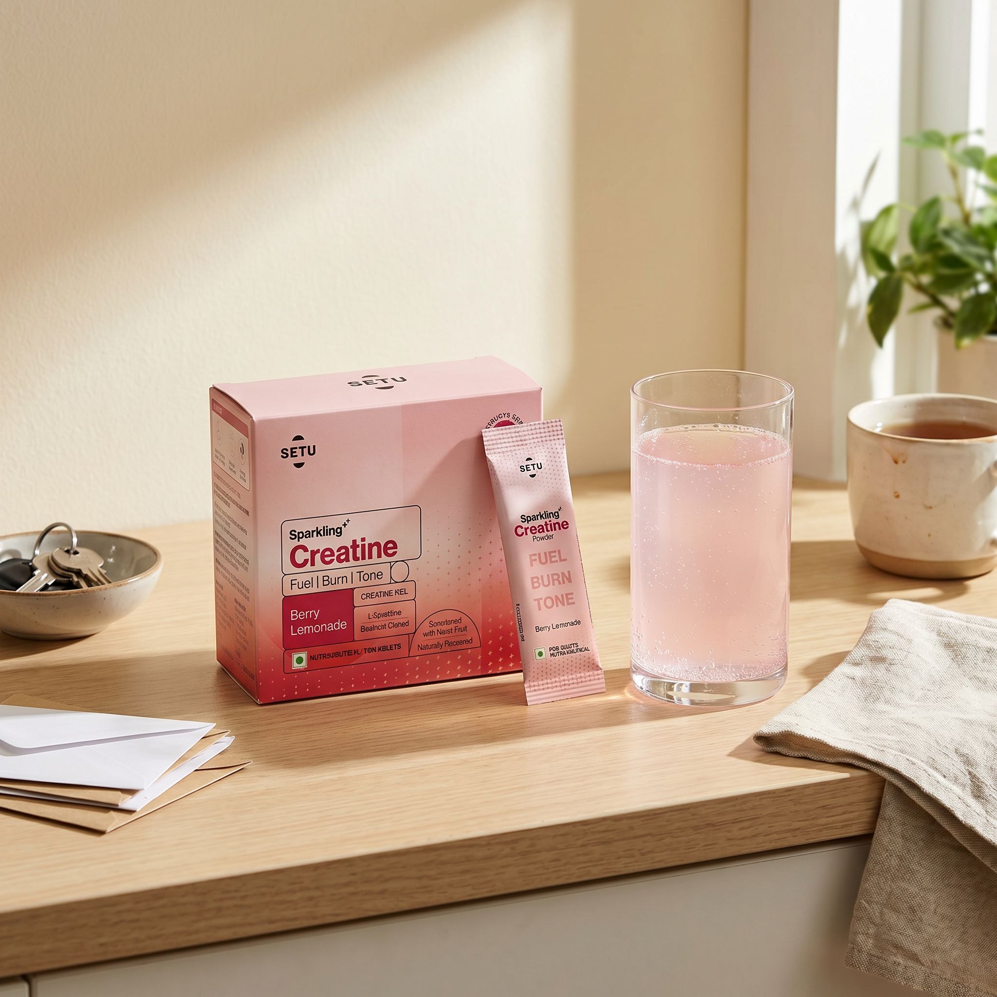 SETU Sparkling Creatine box and sachet on a real wood home counter beside a tall glass of fizzing pale-pink berry-lemonade, with house keys in a ceramic bowl, a stack of mail, a folded linen napkin, a mug of tea, and a houseplant softly out of focus