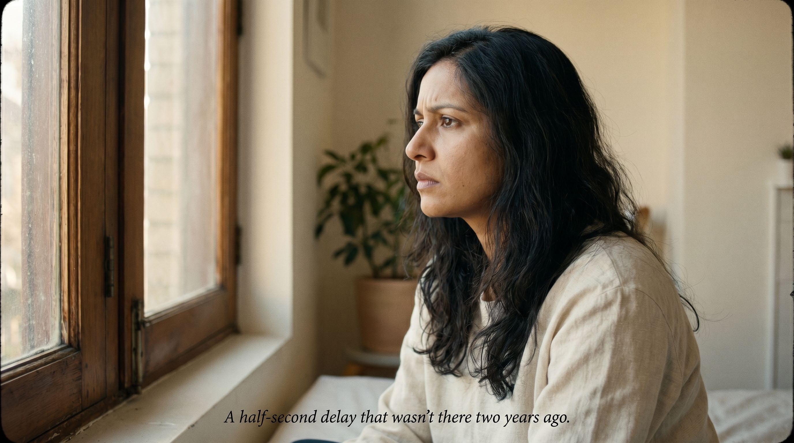 An Indian woman in her mid-30s sits at a window in soft morning light, in profile, caught in a quiet thinking moment
