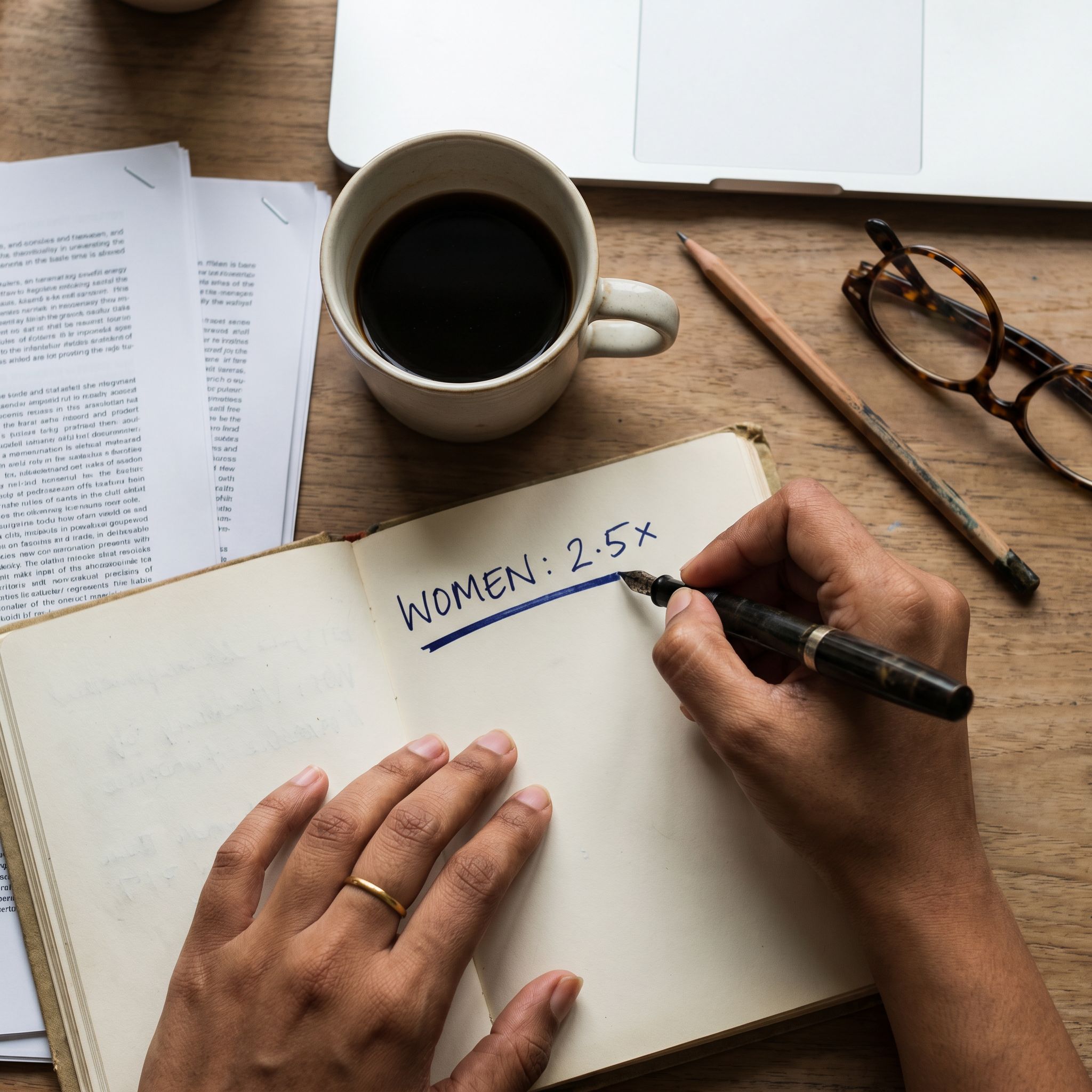 A woman's hand caught mid-stroke writing 'WOMEN: 2.5×' in a notebook with a fountain pen, on a real wood desk with journal article printouts, a coffee mug, a pencil, folded reading glasses, and the edge of a laptop visible