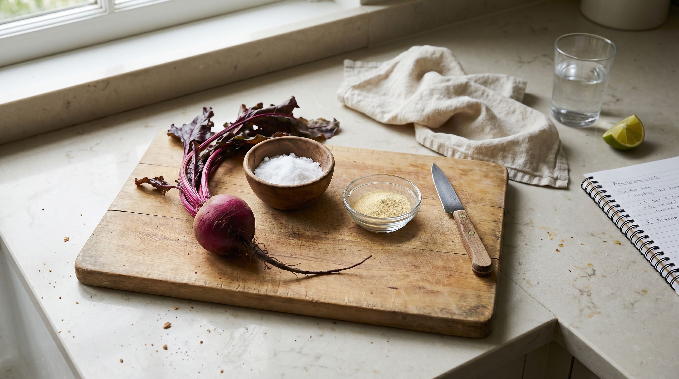 A real kitchen counter caught mid-research: a wood chopping board holding a whole beetroot with leaves, a small wooden bowl of fine white creatine HCL crystals, and a glass dish of pale yellow L-Carnitine powder, beside a kitchen knife, a folded linen napkin, a glass of water, a sliced lime, and the edge of a notebook with handwritten notes