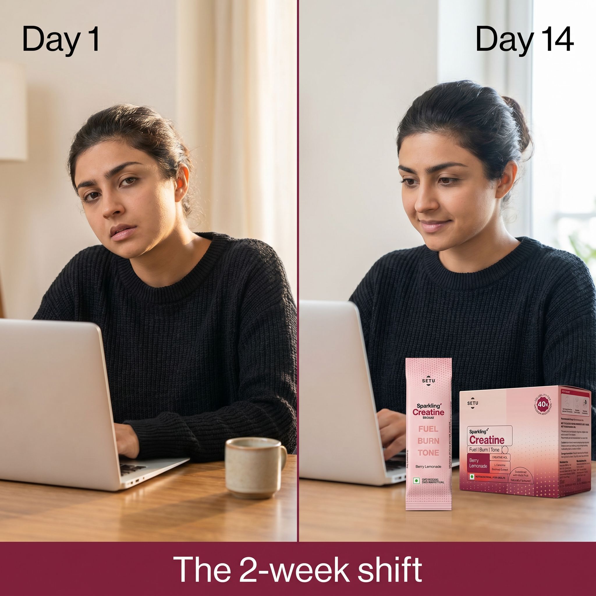 Subtle before-and-after — Day 1 vs Day 14 on Sparkling Creatine, same woman, natural lighting