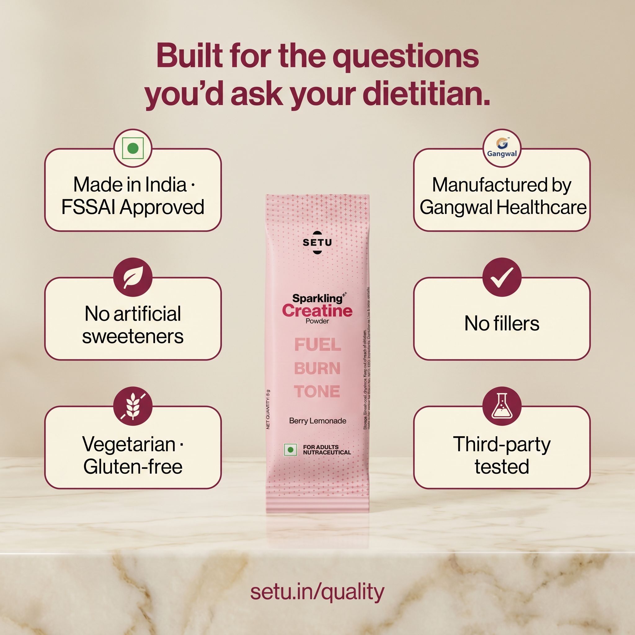 Hexagonal grid of six trust badges — Made in India, FSSAI approved, Gangwal Healthcare manufactured, no artificial sweeteners, no fillers, third-party tested